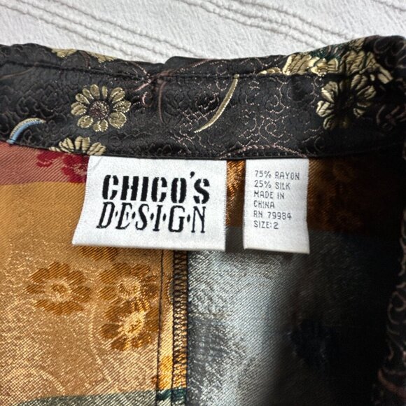 Chico's Design Oriental Inspired Kimono Style Jacket Rayon/Silk Sz 2 Black Gold - Picture 3 of 8
